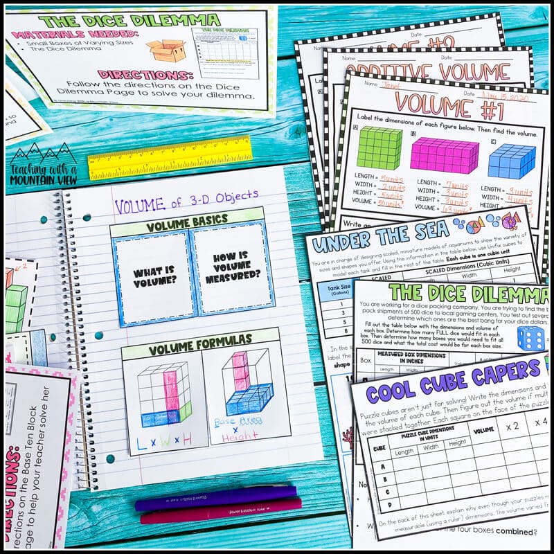 Free fifth grade centers, anchor chart, interactive notebook, and printable activities for teaching volume in upper elementary.